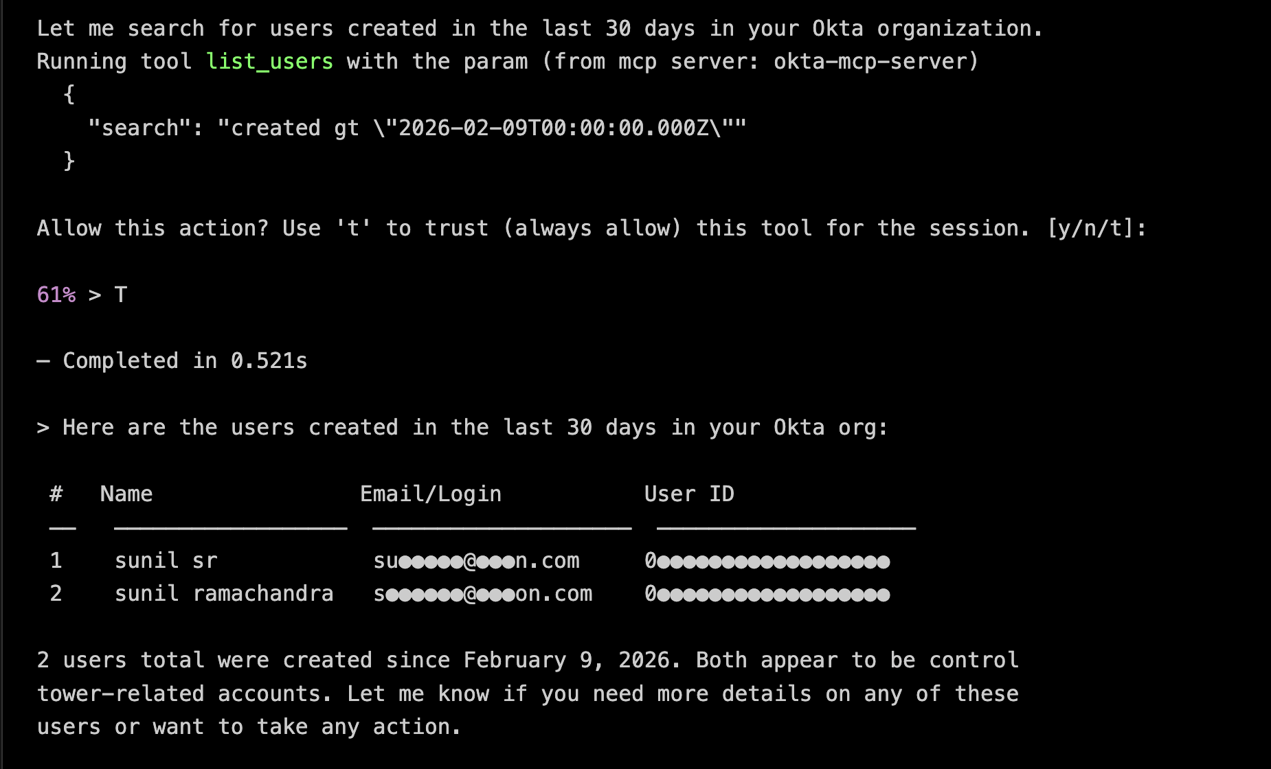 Screenshot of the Kiro interface, showing Kiro running the list_users tool and the resulting table with columns for name, email or login, and user ID. The table lists two users.